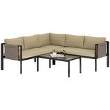 Outsunny 4-Piece Garden Furniture Set with Loveseats, Corner Sofa, Glass Coffee Table & Mesh Pockets – Khaki