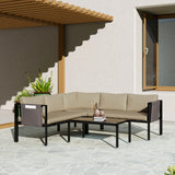 Outsunny 4-Piece Garden Furniture Set with Loveseats, Corner Sofa, Glass Coffee Table & Mesh Pockets – Khaki