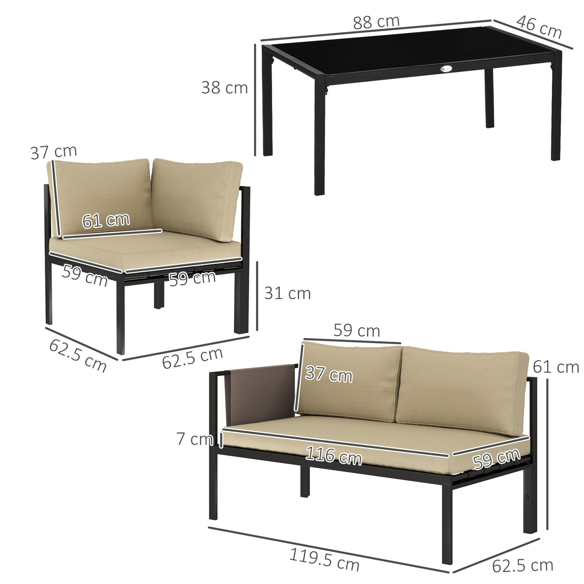 Outsunny 4-Piece Garden Furniture Set with Loveseats, Corner Sofa, Glass Coffee Table & Mesh Pockets – Khaki