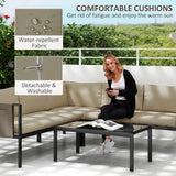 Outsunny 4-Piece Garden Furniture Set with Loveseats, Corner Sofa, Glass Coffee Table & Mesh Pockets – Khaki