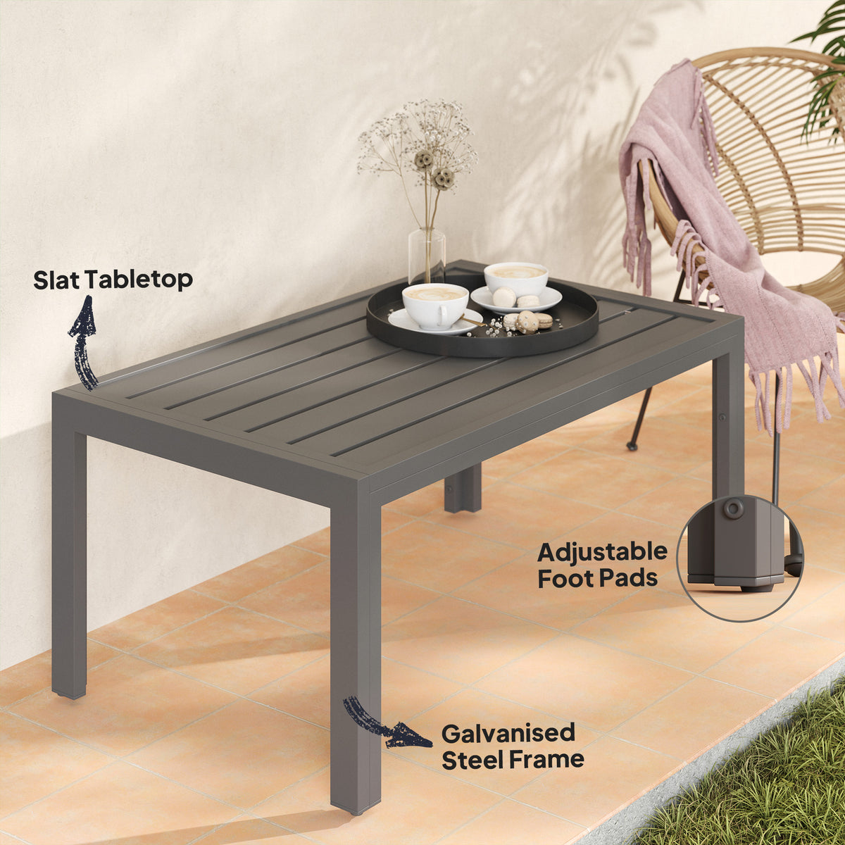 Outsunny Outdoor Side Table with Galvanised Steel Frame & Slatted Top – Patio Garden Table, Grey