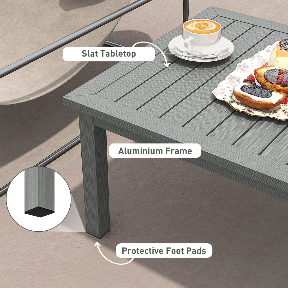 Outsunny Aluminium Outdoor Coffee Table, 100 x 60cm with Slatted Top – Patio Garden Table, Grey Wood Effect