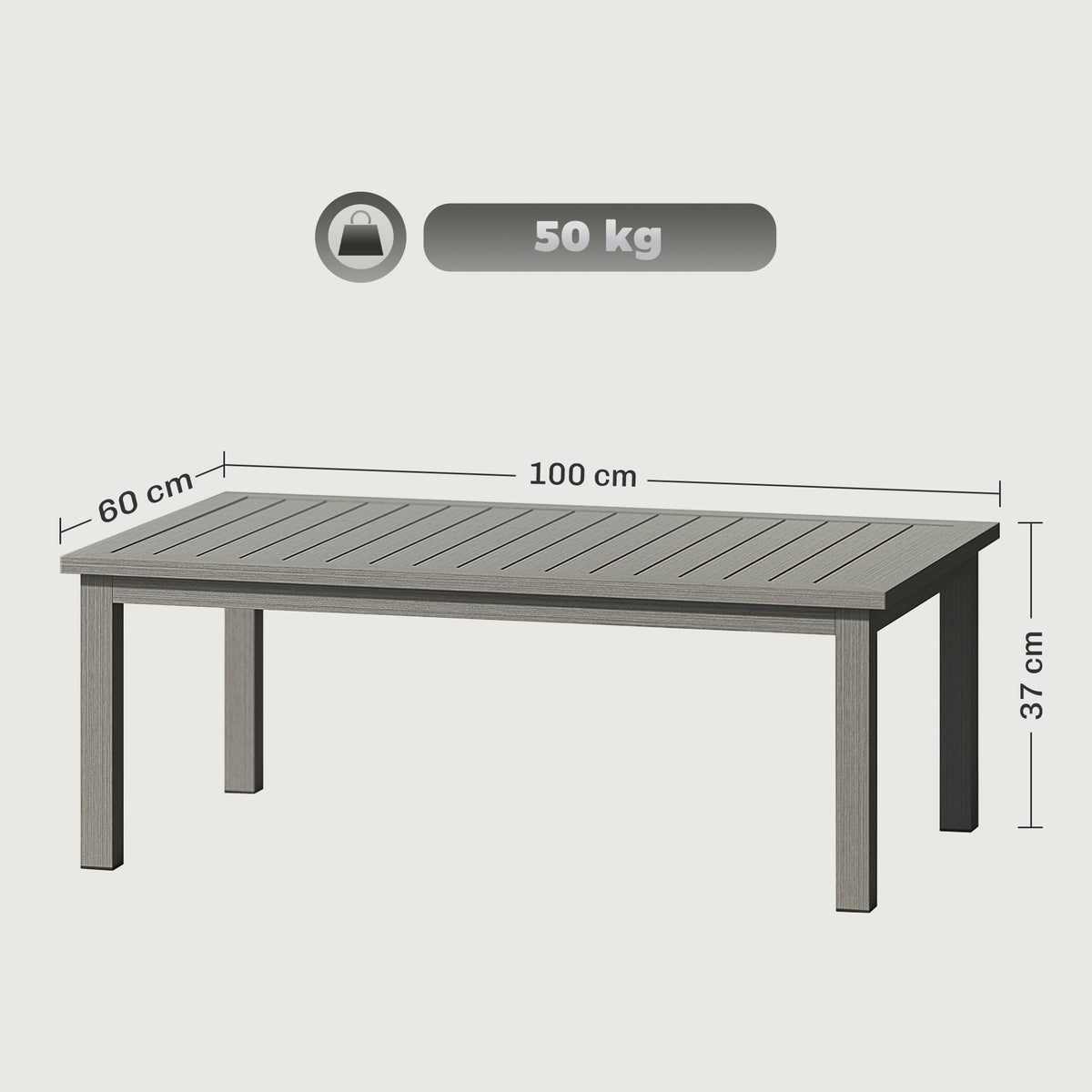 Outsunny Aluminium Outdoor Coffee Table, 100 x 60cm with Slatted Top – Patio Garden Table, Grey Wood Effect