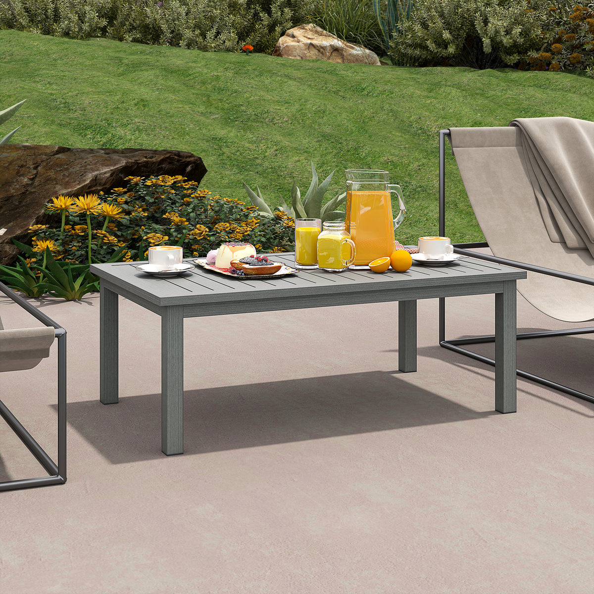 Outsunny Aluminium Outdoor Coffee Table, 100 x 60cm with Slatted Top – Patio Garden Table, Grey Wood Effect