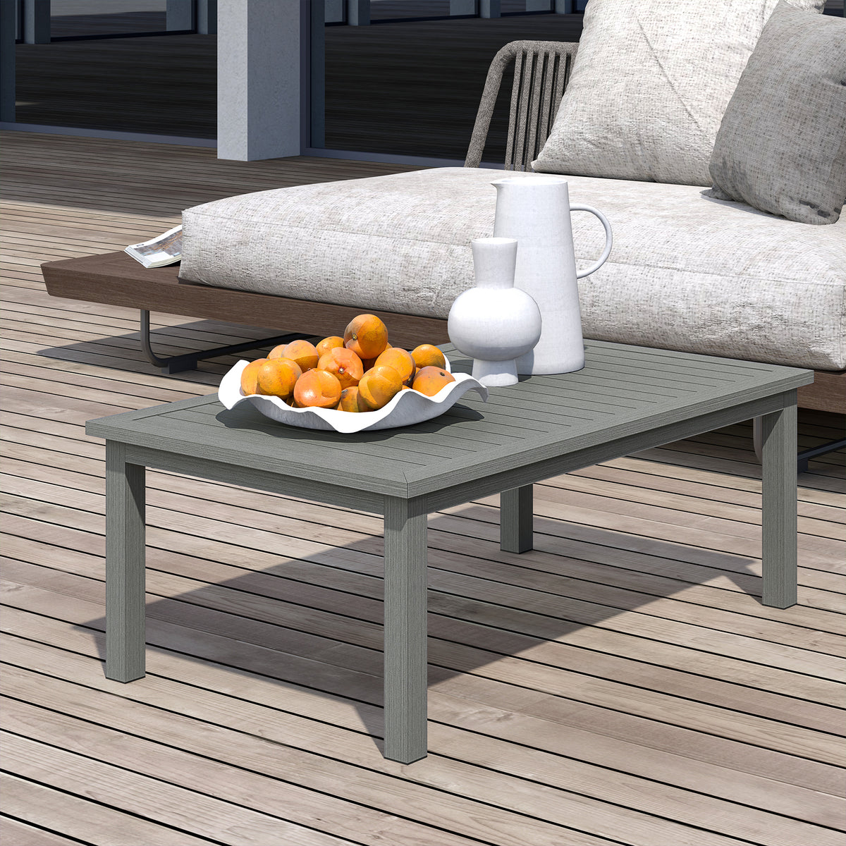 Outsunny Aluminium Outdoor Coffee Table, 100 x 60cm with Slatted Top – Patio Garden Table, Grey Wood Effect