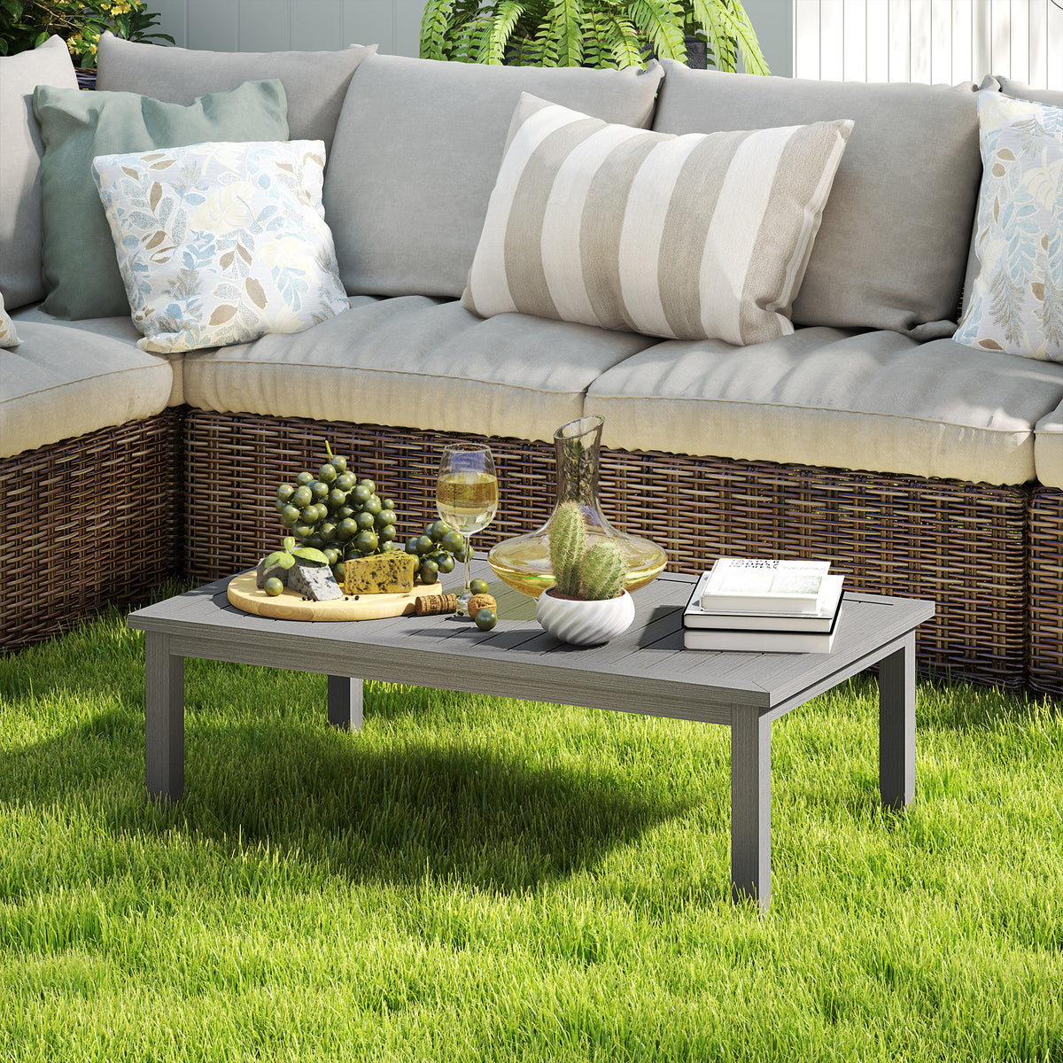 Outsunny Aluminium Outdoor Coffee Table, 100 x 60cm with Slatted Top – Patio Garden Table, Grey Wood Effect
