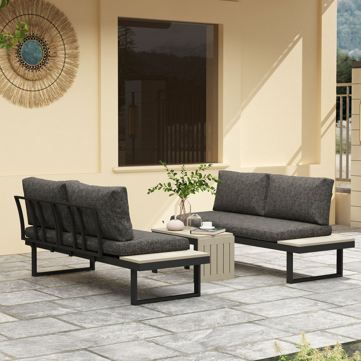 Outsunny 4-Seater L-Shaped Aluminium Garden Furniture Set with Coffee Table – Convertible Loveseats, Charcoal