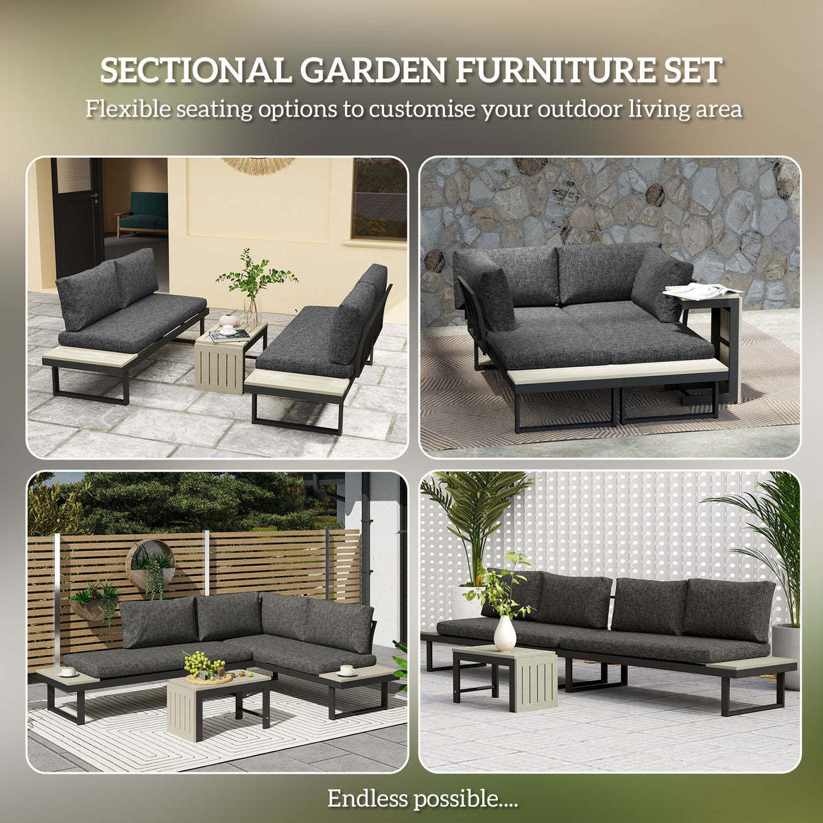 Outsunny 4-Seater L-Shaped Aluminium Garden Furniture Set with Coffee Table – Convertible Loveseats, Charcoal