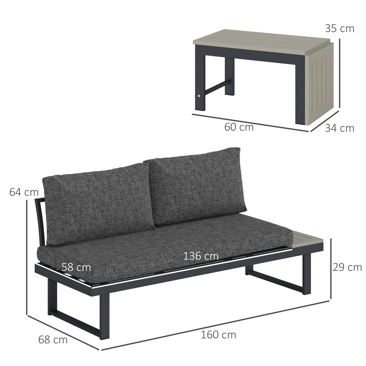 Outsunny 4-Seater L-Shaped Aluminium Garden Furniture Set with Coffee Table – Convertible Loveseats, Charcoal