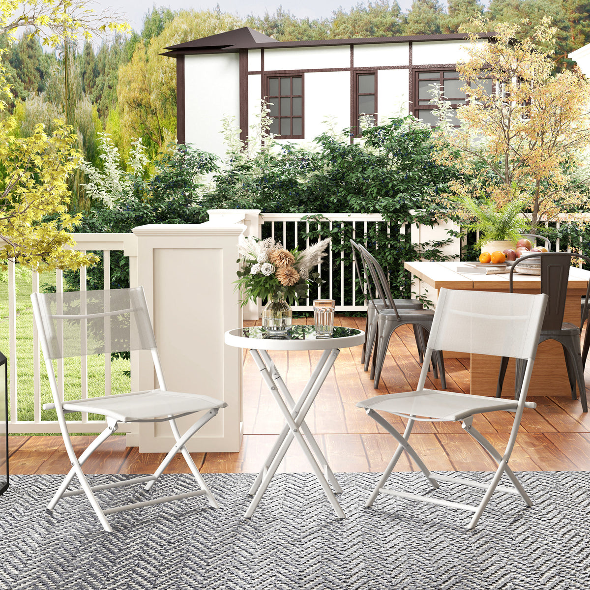 Outsunny 3-Piece Outdoor Bistro Set with Tempered Glass Table & Foldable Mesh Chairs – Space-Saving Patio Set, White