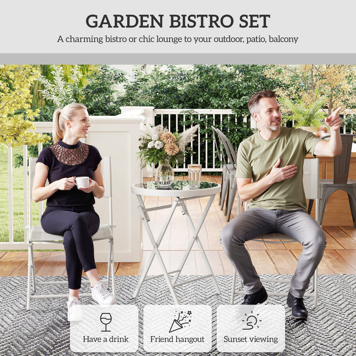 Outsunny 3-Piece Outdoor Bistro Set with Tempered Glass Table & Foldable Mesh Chairs – Space-Saving Patio Set, White