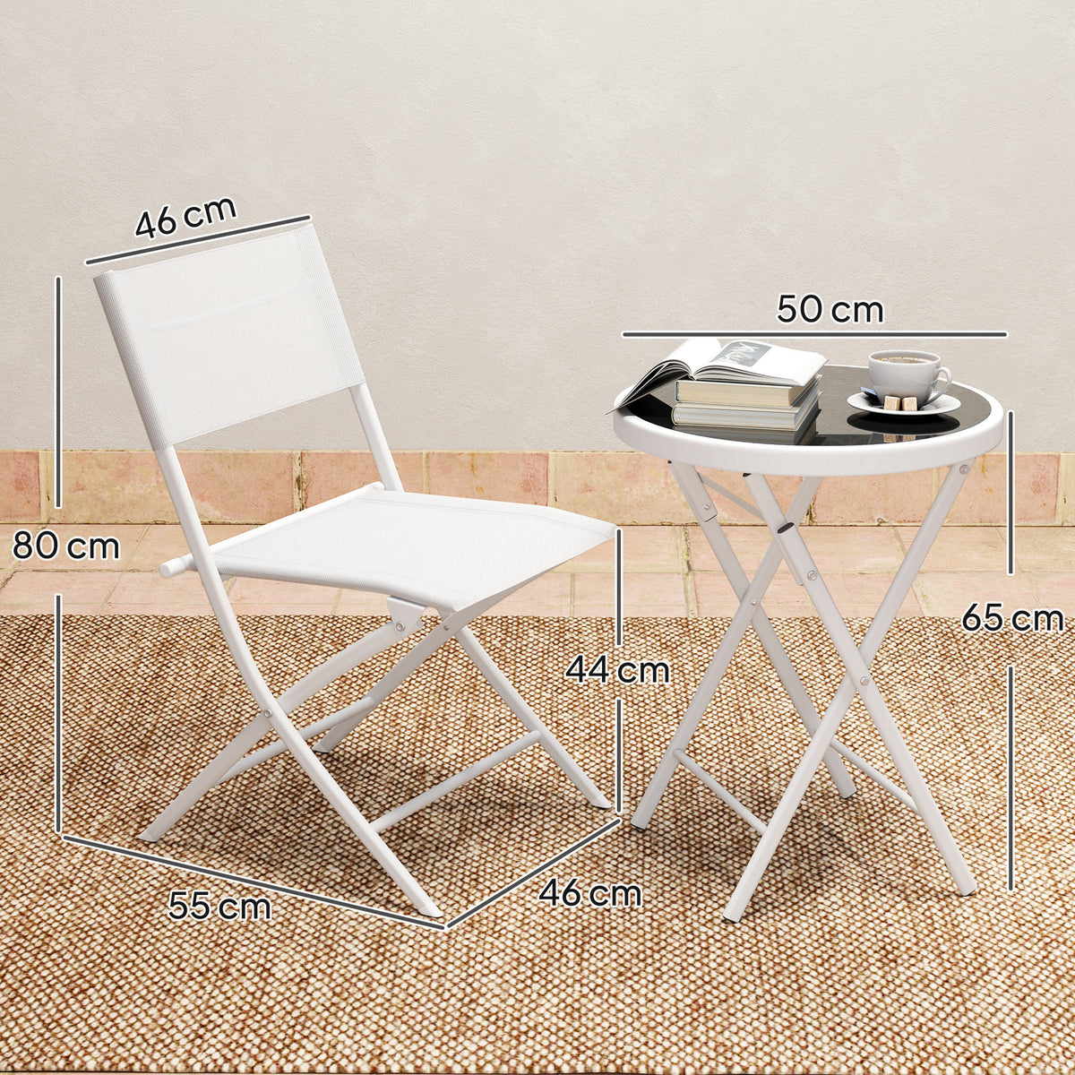 Outsunny 3-Piece Outdoor Bistro Set with Tempered Glass Table & Foldable Mesh Chairs – Space-Saving Patio Set, White