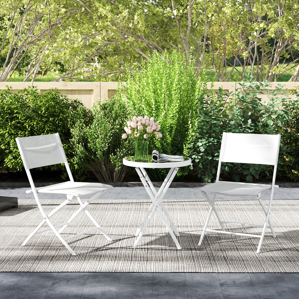 Outsunny 3-Piece Outdoor Bistro Set with Tempered Glass Table & Foldable Mesh Chairs – Space-Saving Patio Set, White