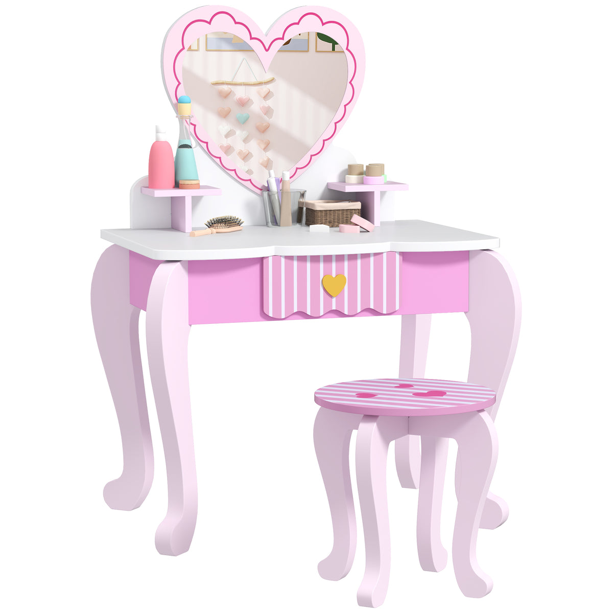 AIYAPLAY Kids Dressing Table Set with Stool, Heart Design and Acrylic Mirror – Ages 3-6, Pink