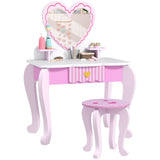 AIYAPLAY Kids Dressing Table Set with Stool, Heart Design and Acrylic Mirror – Ages 3-6, Pink