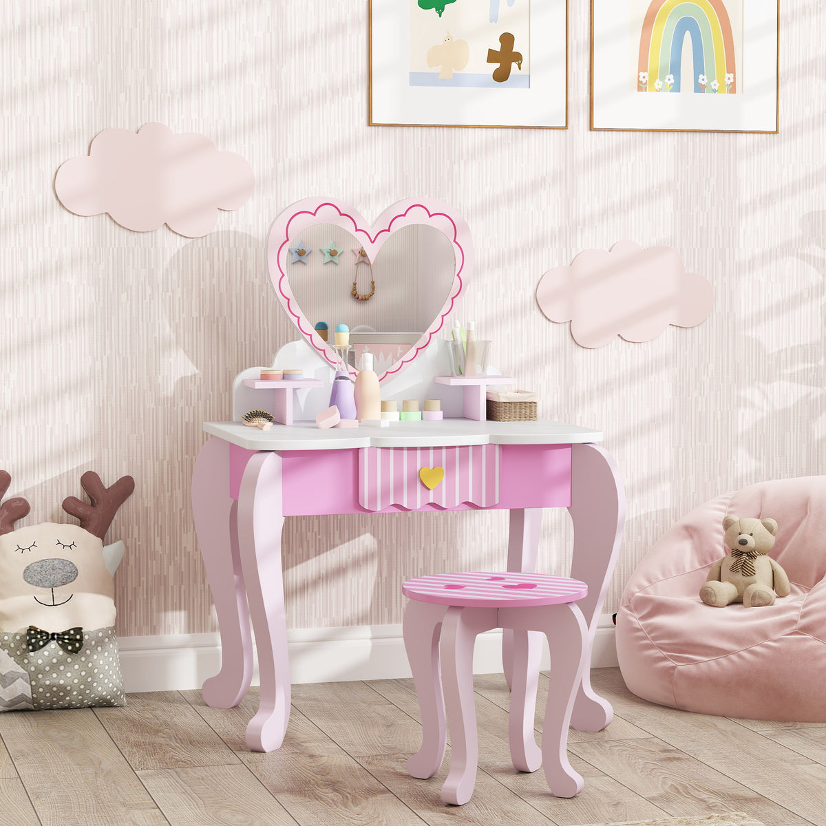 AIYAPLAY Kids Dressing Table Set with Stool, Heart Design and Acrylic Mirror – Ages 3-6, Pink