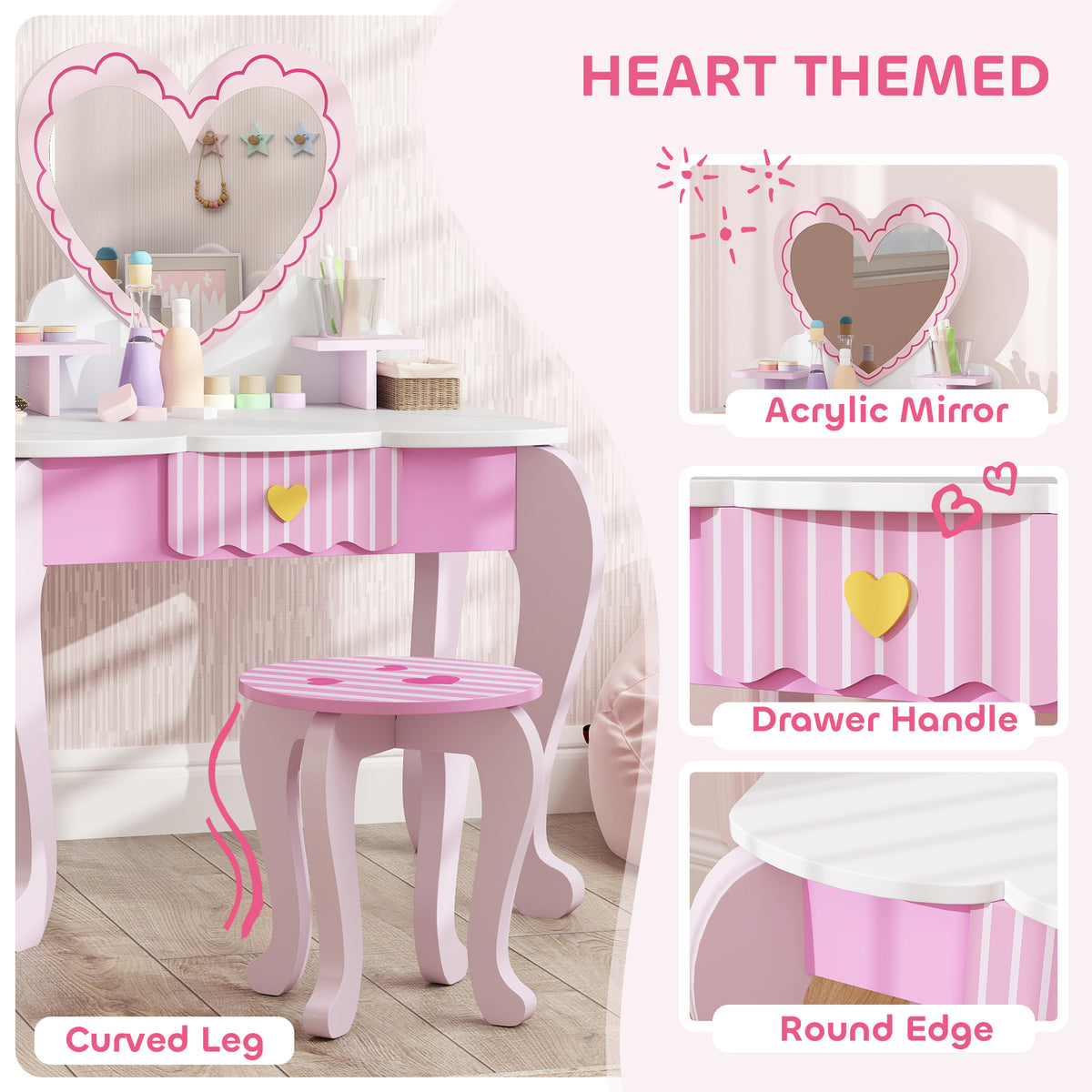 AIYAPLAY Kids Dressing Table Set with Stool, Heart Design and Acrylic Mirror – Ages 3-6, Pink