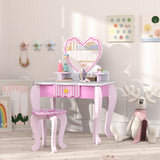 AIYAPLAY Kids Dressing Table Set with Stool, Heart Design and Acrylic Mirror – Ages 3-6, Pink