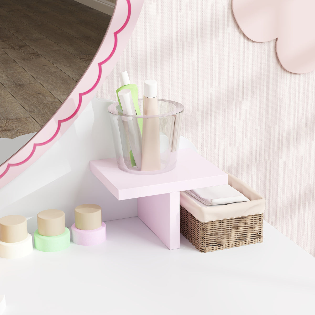 AIYAPLAY Kids Dressing Table Set with Stool, Heart Design and Acrylic Mirror – Ages 3-6, Pink