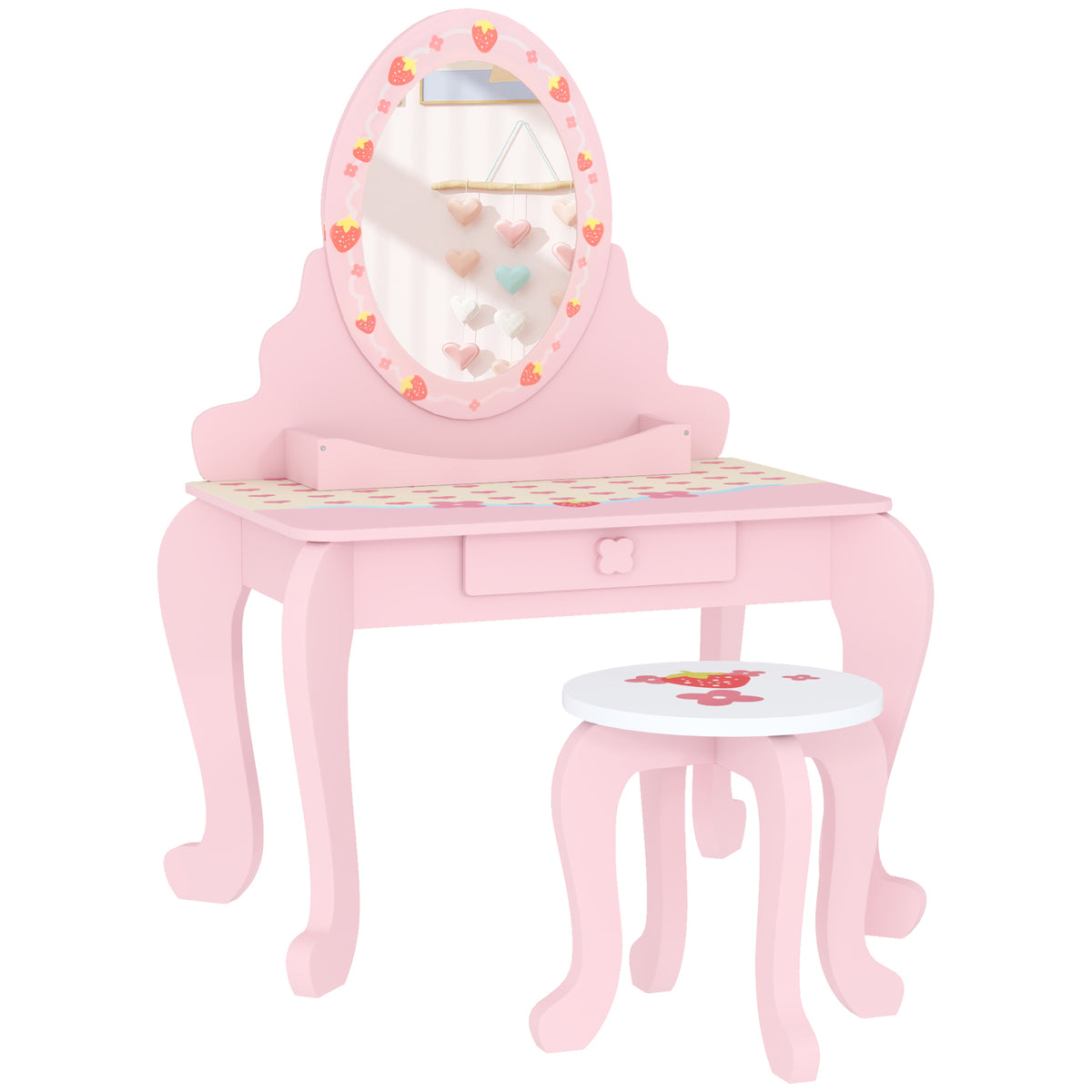 AIYAPLAY Kids Dressing Table Set with Stool, Strawberry Print and Acrylic Mirror – Ages 3-6, Pink and White