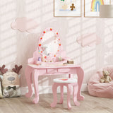 AIYAPLAY Kids Dressing Table Set with Stool, Strawberry Print and Acrylic Mirror – Ages 3-6, Pink and White