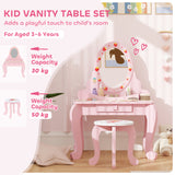 AIYAPLAY Kids Dressing Table Set with Stool, Strawberry Print and Acrylic Mirror – Ages 3-6, Pink and White