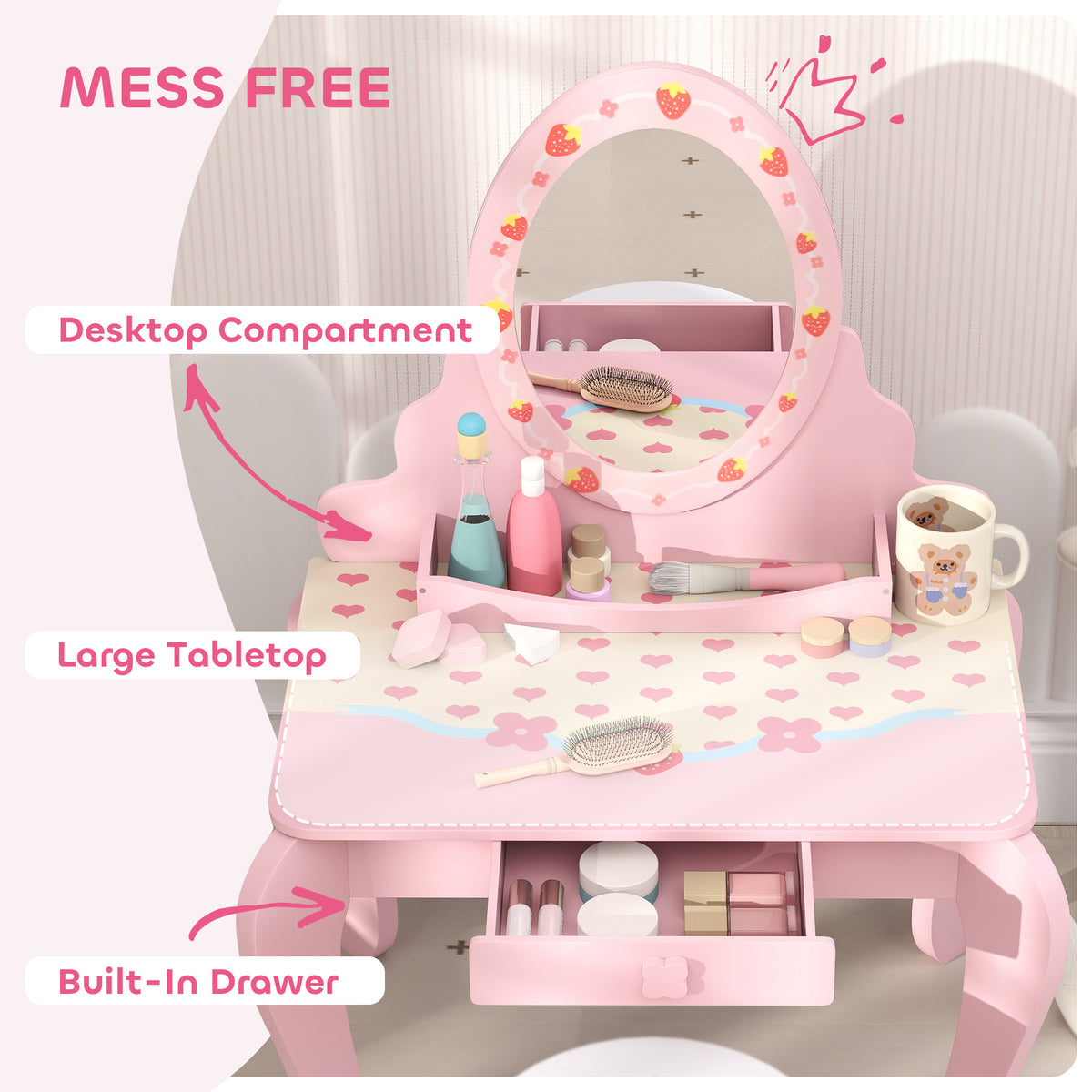 AIYAPLAY Kids Dressing Table Set with Stool, Strawberry Print and Acrylic Mirror – Ages 3-6, Pink and White