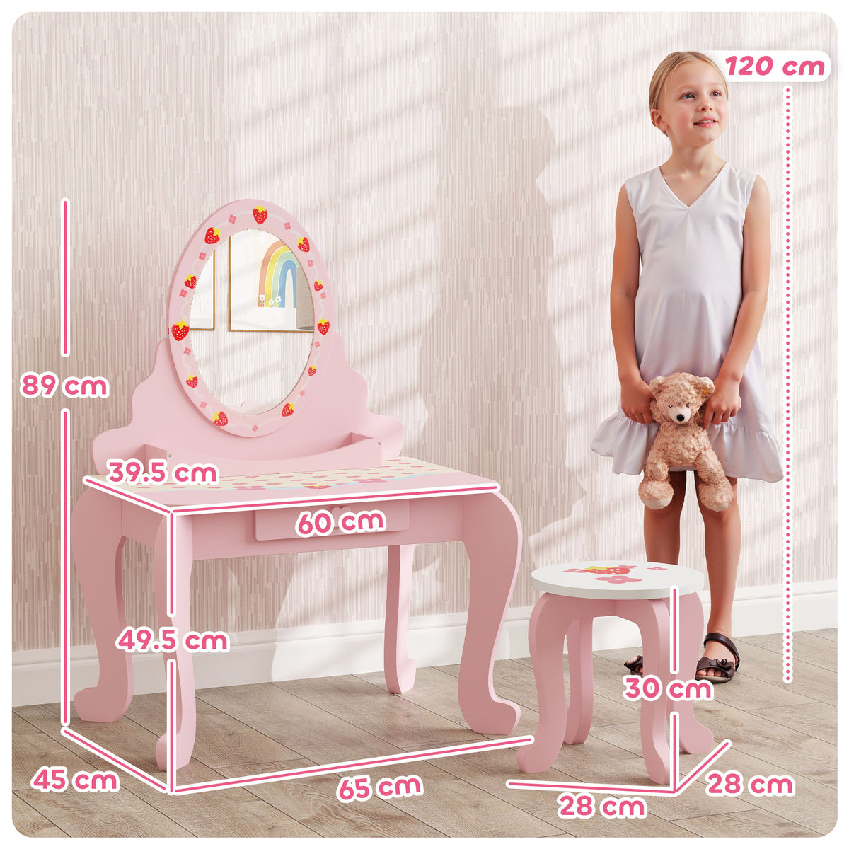AIYAPLAY Kids Dressing Table Set with Stool, Strawberry Print and Acrylic Mirror – Ages 3-6, Pink and White