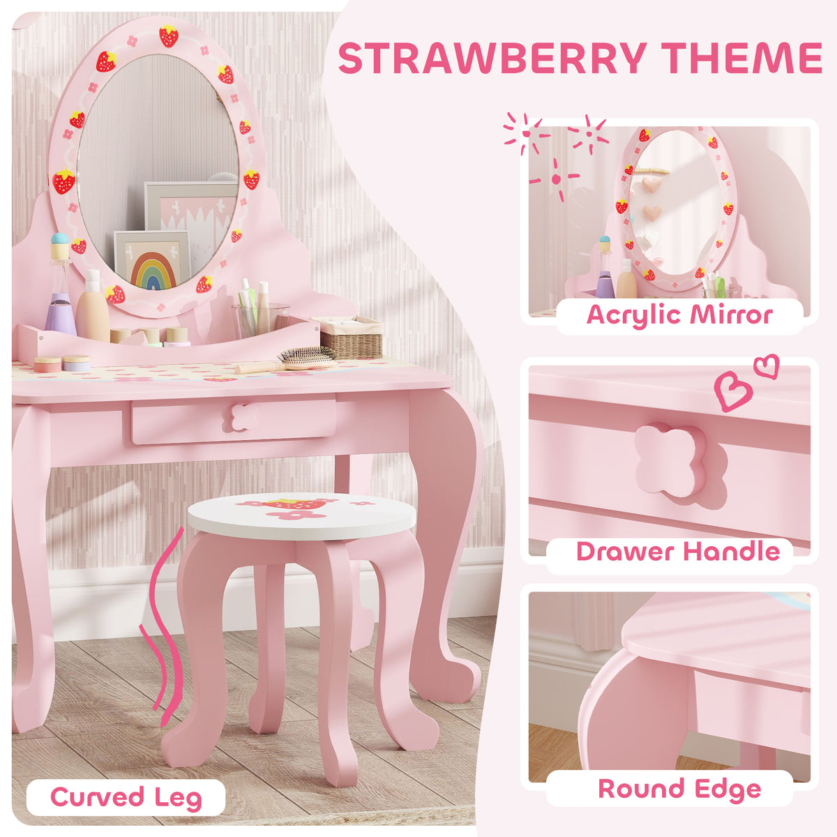 AIYAPLAY Kids Dressing Table Set with Stool, Strawberry Print and Acrylic Mirror – Ages 3-6, Pink and White