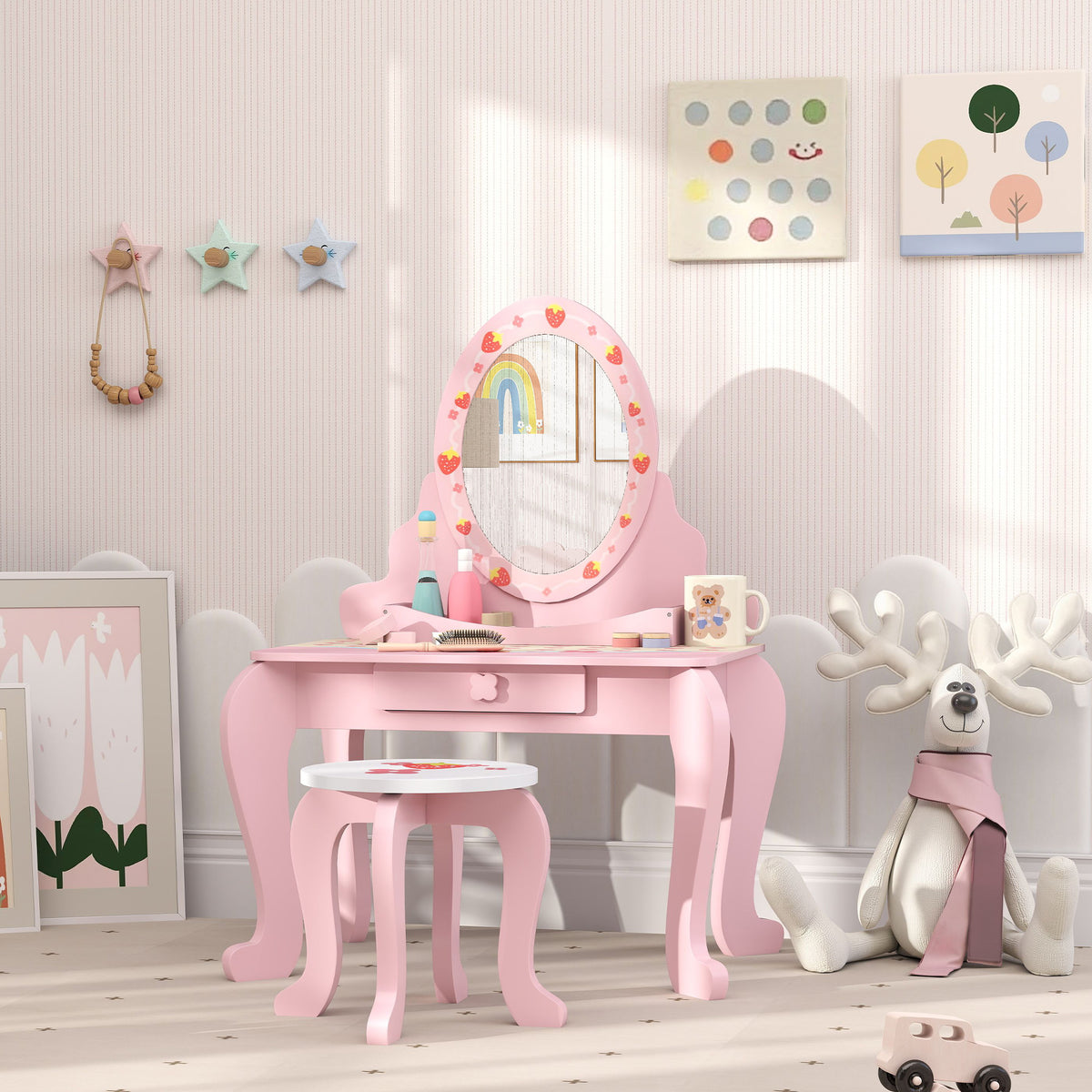 AIYAPLAY Kids Dressing Table Set with Stool, Strawberry Print and Acrylic Mirror – Ages 3-6, Pink and White