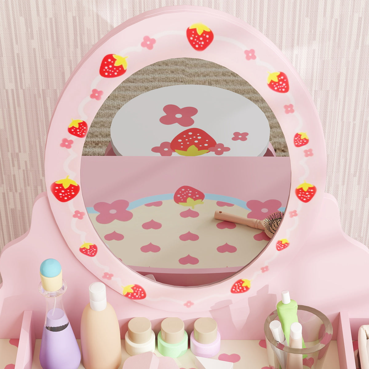 AIYAPLAY Kids Dressing Table Set with Stool, Strawberry Print and Acrylic Mirror – Ages 3-6, Pink and White
