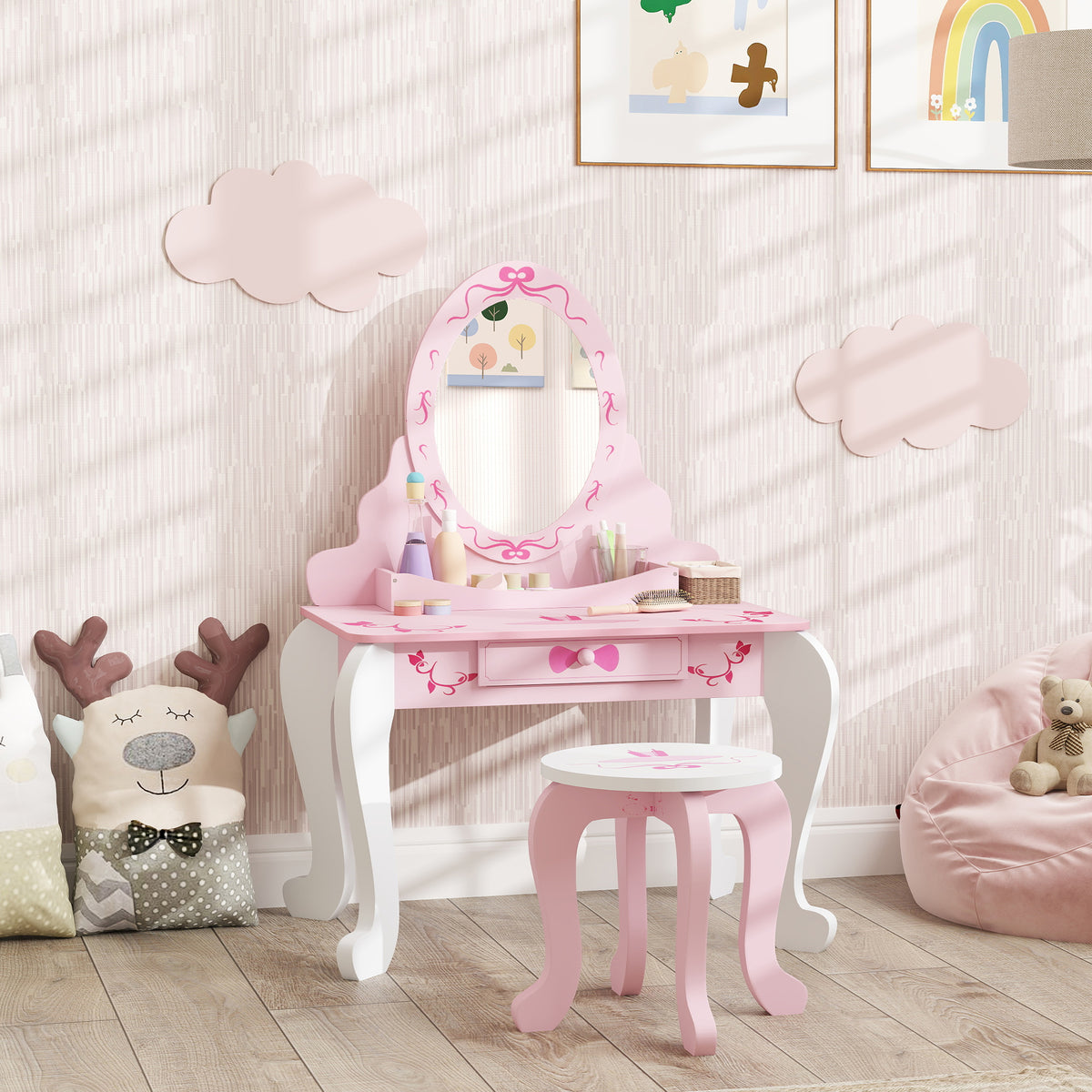AIYAPLAY Kids Ballet Print Vanity Set with Mirror, Drawer and Stool – 2-Piece Children's Dressing Table for Ages 3–6