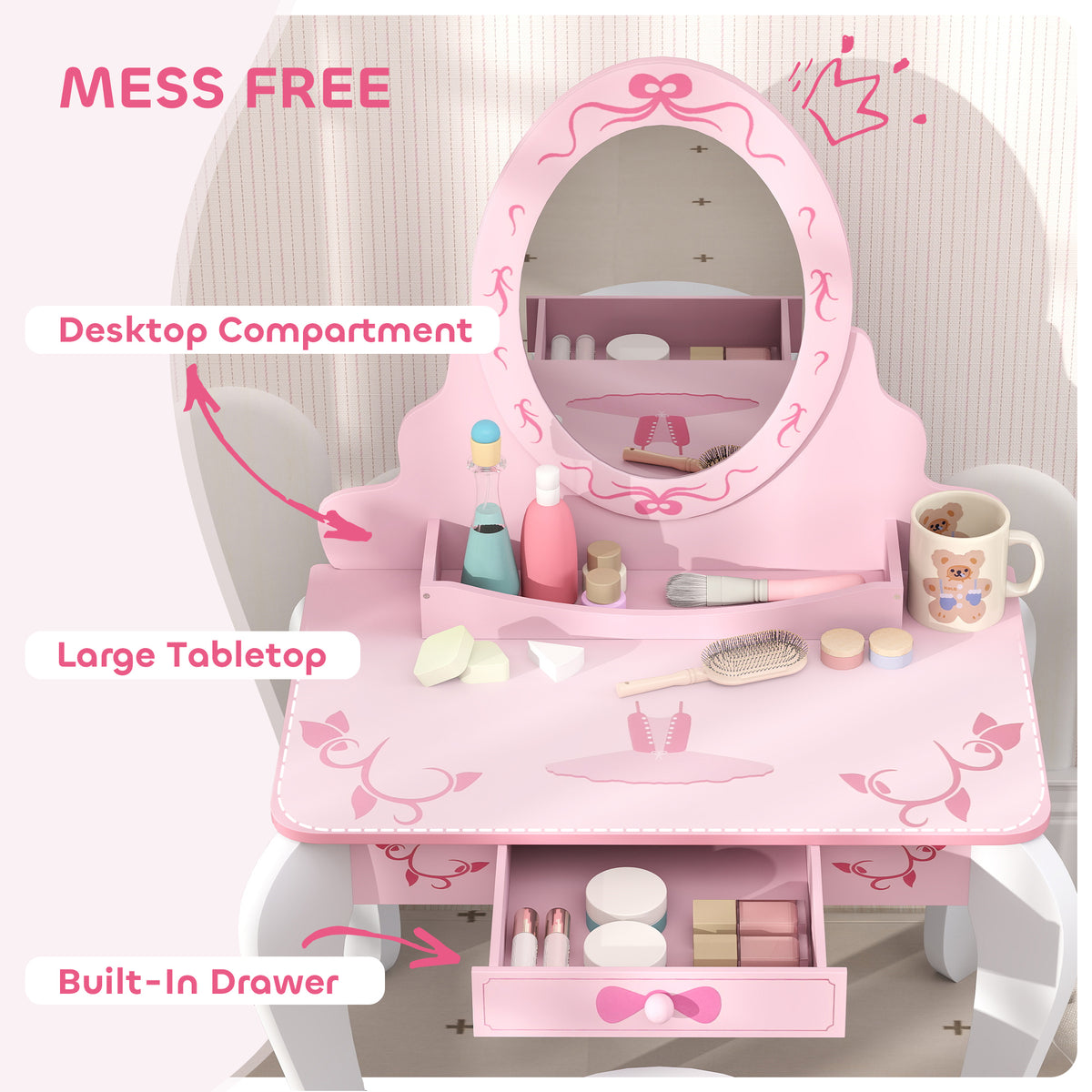 AIYAPLAY Kids Ballet Print Vanity Set with Mirror, Drawer and Stool – 2-Piece Children's Dressing Table for Ages 3–6
