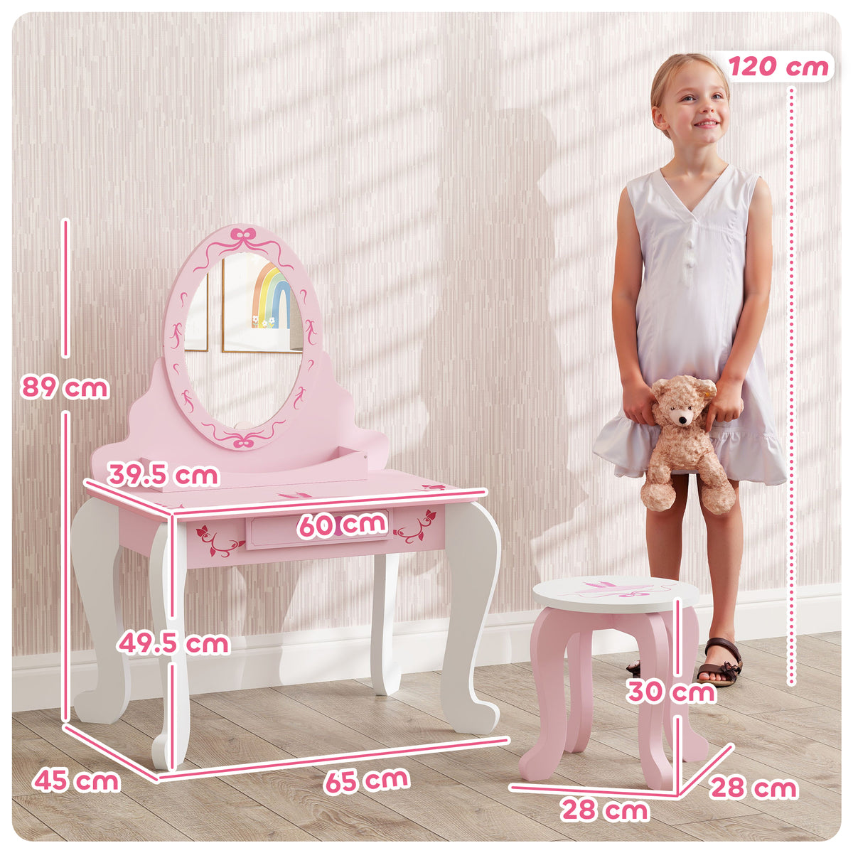 AIYAPLAY Kids Ballet Print Vanity Set with Mirror, Drawer and Stool – 2-Piece Children's Dressing Table for Ages 3–6
