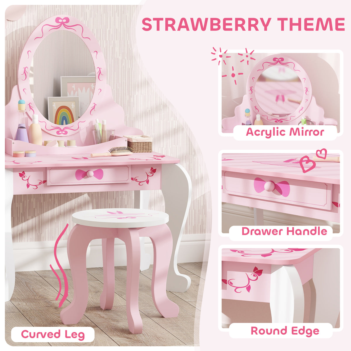 AIYAPLAY Kids Ballet Print Vanity Set with Mirror, Drawer and Stool – 2-Piece Children's Dressing Table for Ages 3–6