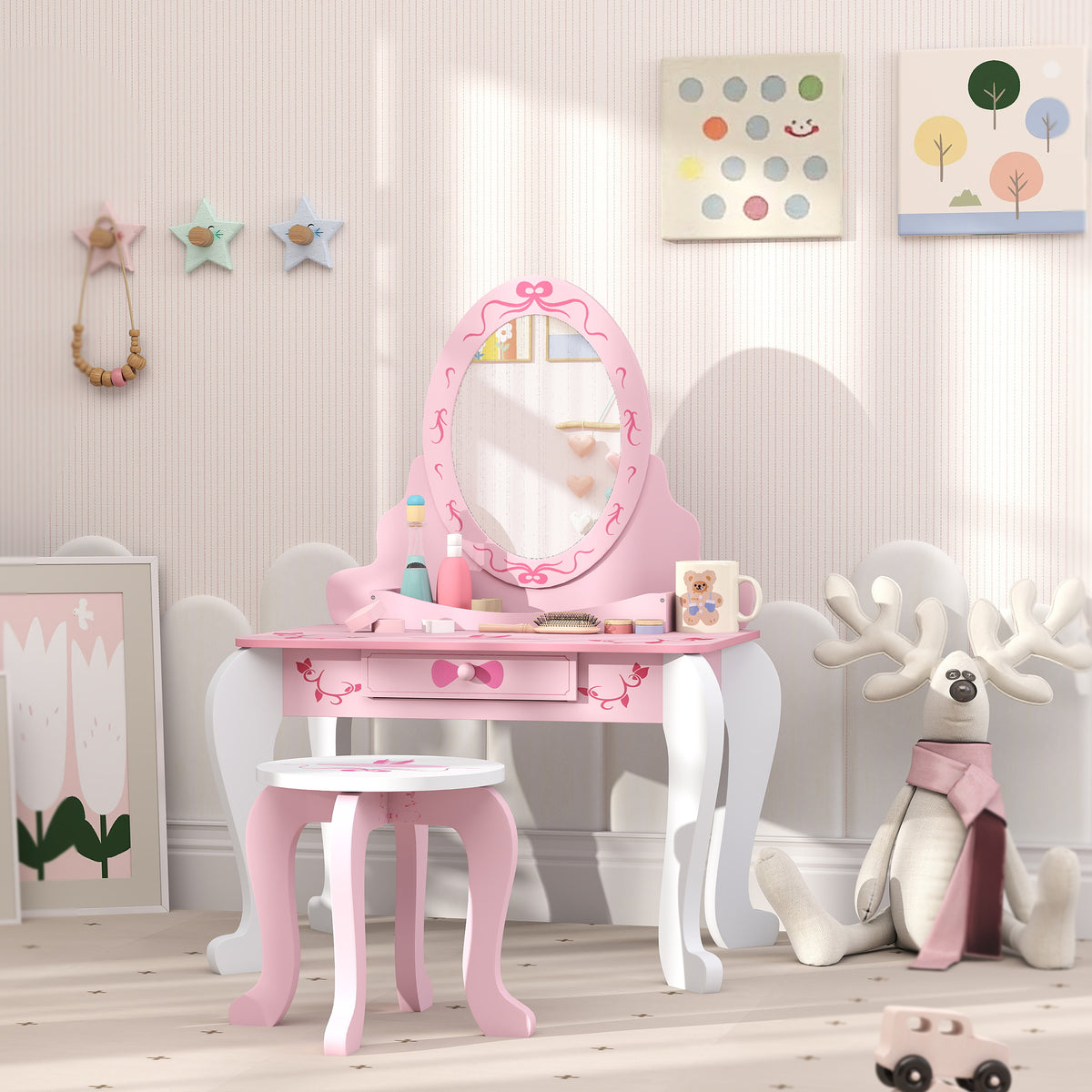 AIYAPLAY Kids Ballet Print Vanity Set with Mirror, Drawer and Stool – 2-Piece Children's Dressing Table for Ages 3–6