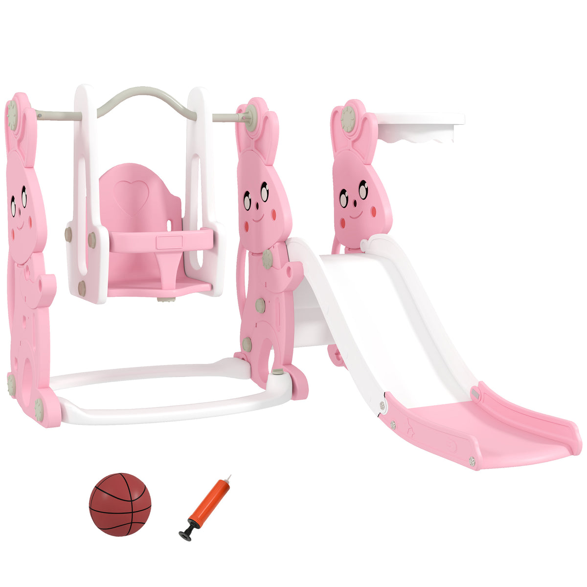 AIYAPLAY Rabbit-Themed Kids Playground Set with Slide, Swing, Climber & Basketball Hoop – Pink