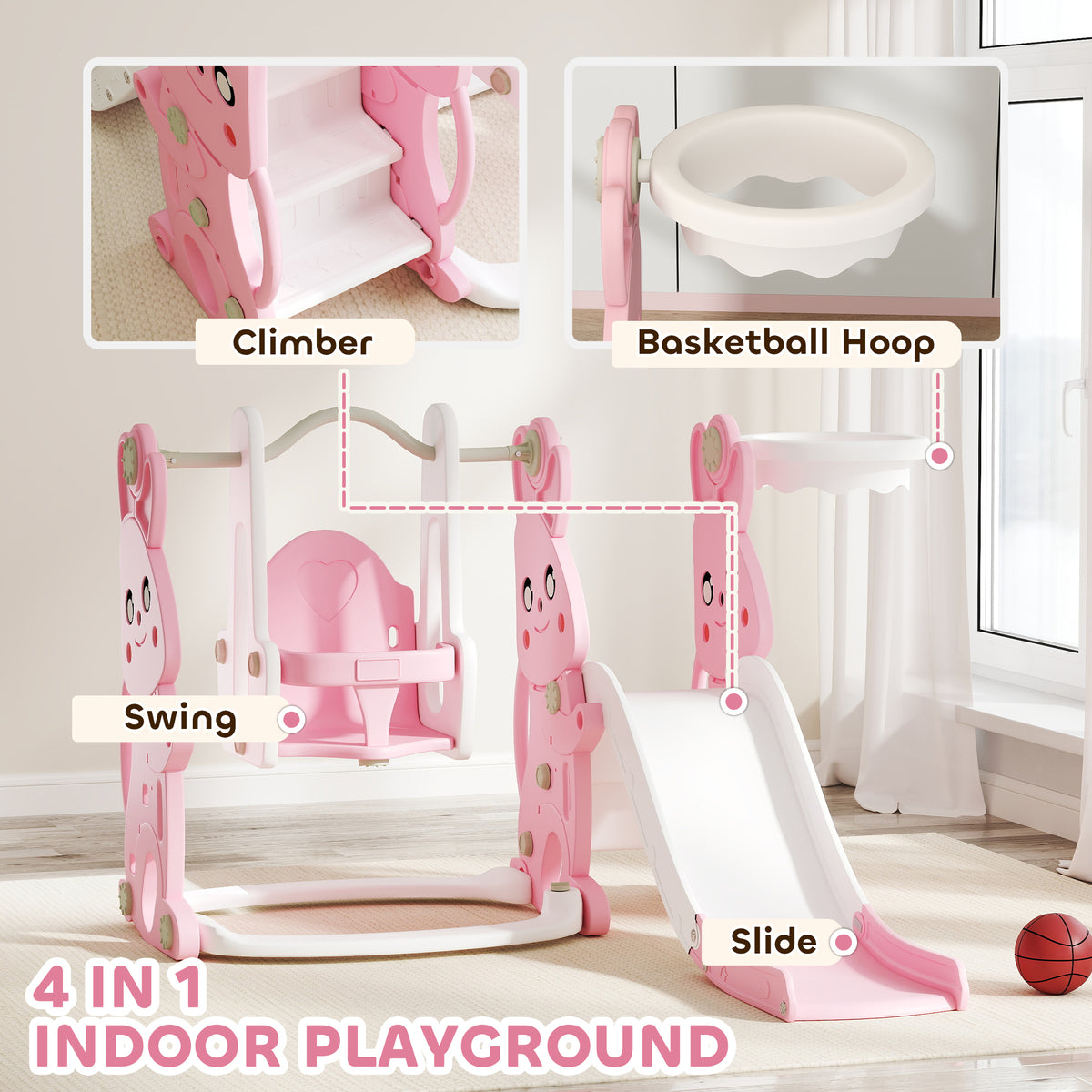 AIYAPLAY Rabbit-Themed Kids Playground Set with Slide, Swing, Climber & Basketball Hoop – Pink