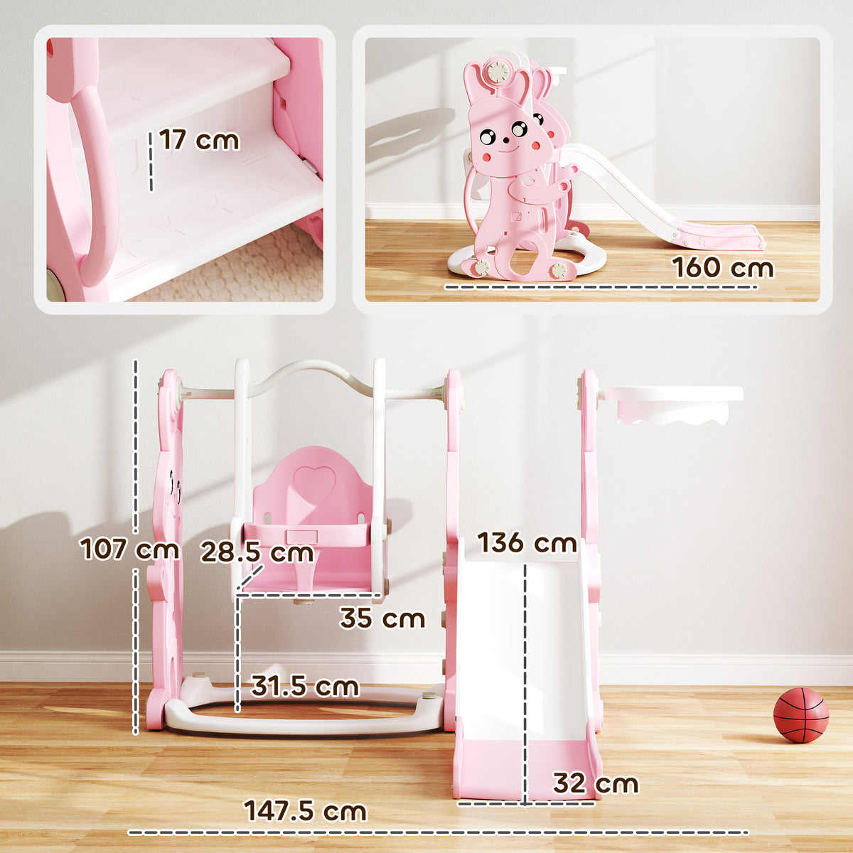 AIYAPLAY Rabbit-Themed Kids Playground Set with Slide, Swing, Climber & Basketball Hoop – Pink