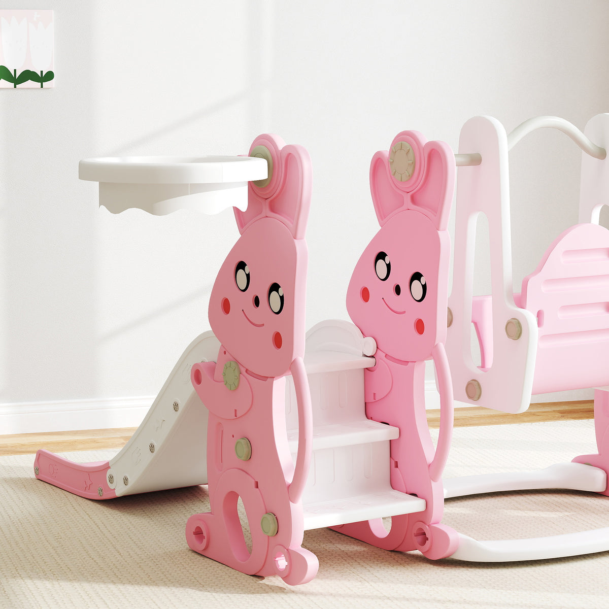 AIYAPLAY Rabbit-Themed Kids Playground Set with Slide, Swing, Climber & Basketball Hoop – Pink