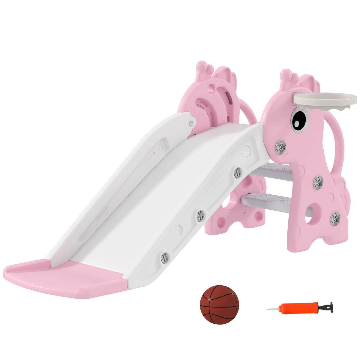 AIYAPLAY 3 in 1 Kids Slide with Climber, Basketball Hoop & Ball – Giraffe Design Toddler Play Set for Ages 1-3, Pink