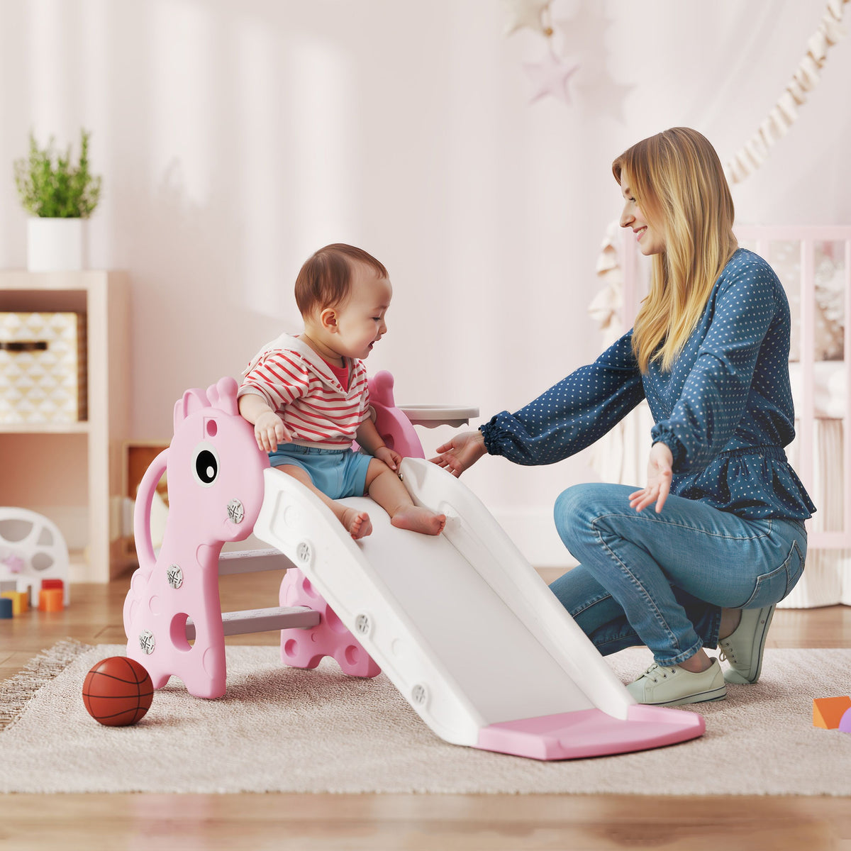 AIYAPLAY 3 in 1 Kids Slide with Climber, Basketball Hoop & Ball – Giraffe Design Toddler Play Set for Ages 1-3, Pink