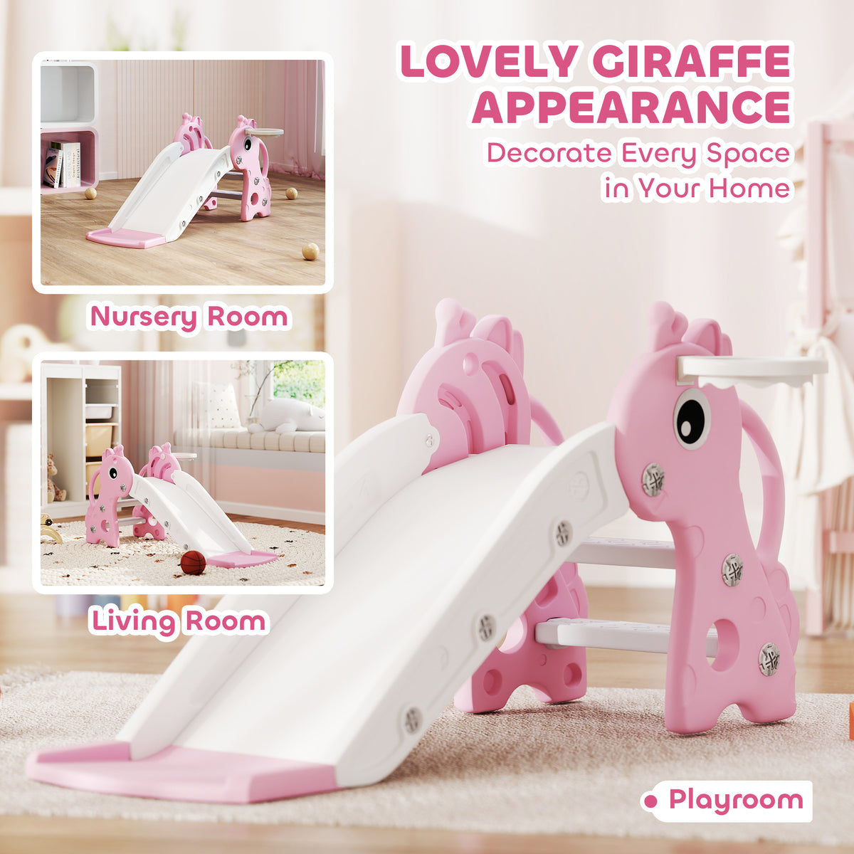 AIYAPLAY 3 in 1 Kids Slide with Climber, Basketball Hoop & Ball – Giraffe Design Toddler Play Set for Ages 1-3, Pink