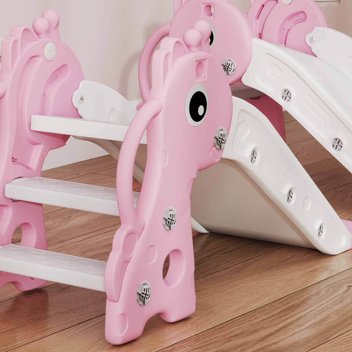 AIYAPLAY 3 in 1 Kids Slide with Climber, Basketball Hoop & Ball – Giraffe Design Toddler Play Set for Ages 1-3, Pink