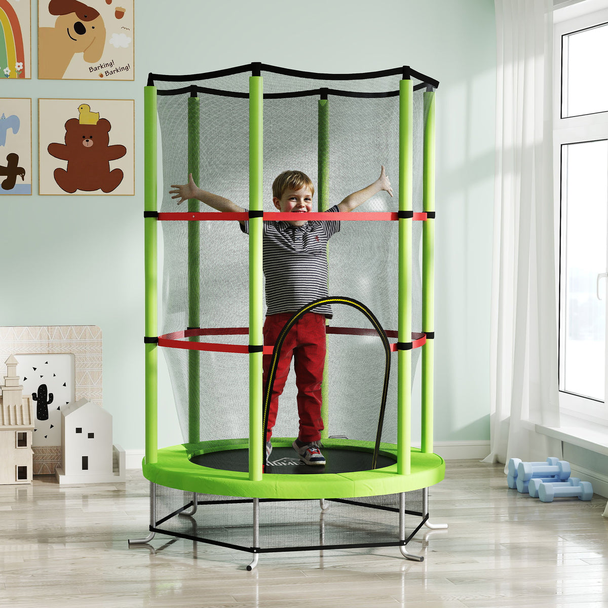 HOMCOM Kids Mini Trampoline with Safety Enclosure Net and Bungee Cords – Bouncer for Ages 3-6, Green