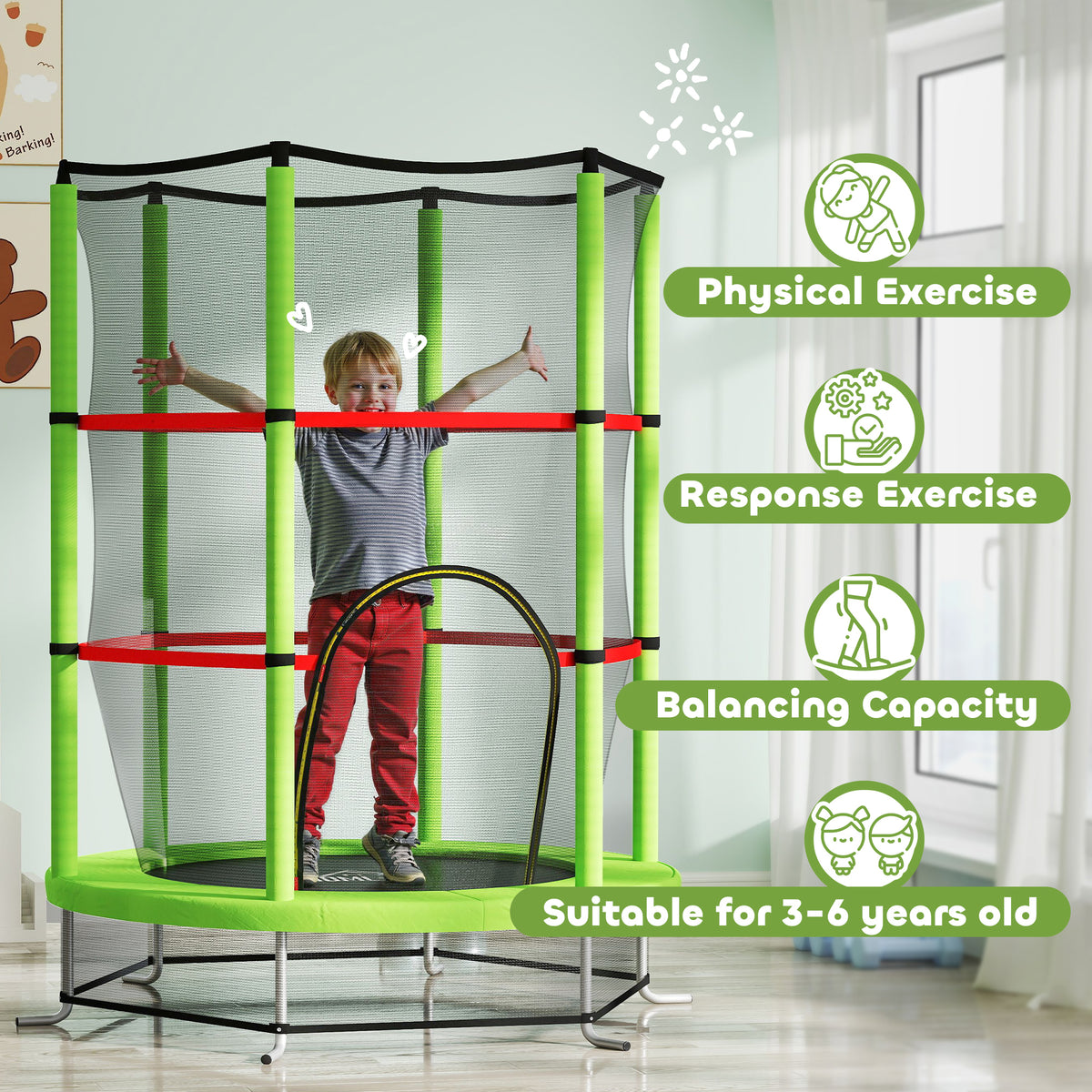 HOMCOM Kids Mini Trampoline with Safety Enclosure Net and Bungee Cords – Bouncer for Ages 3-6, Green