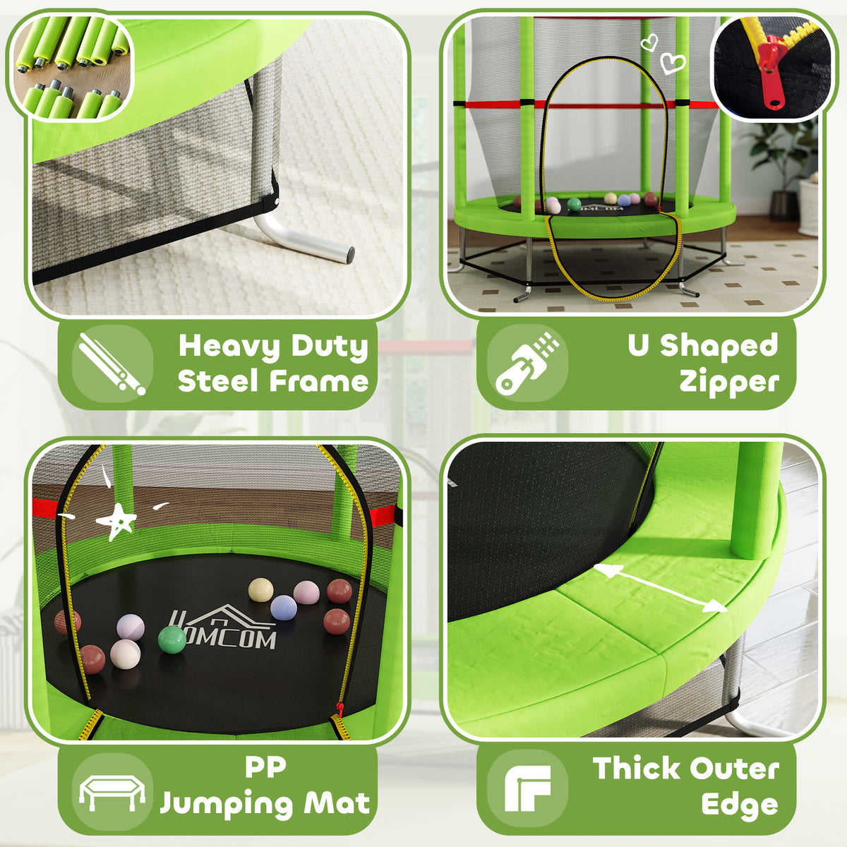 HOMCOM Kids Mini Trampoline with Safety Enclosure Net and Bungee Cords – Bouncer for Ages 3-6, Green