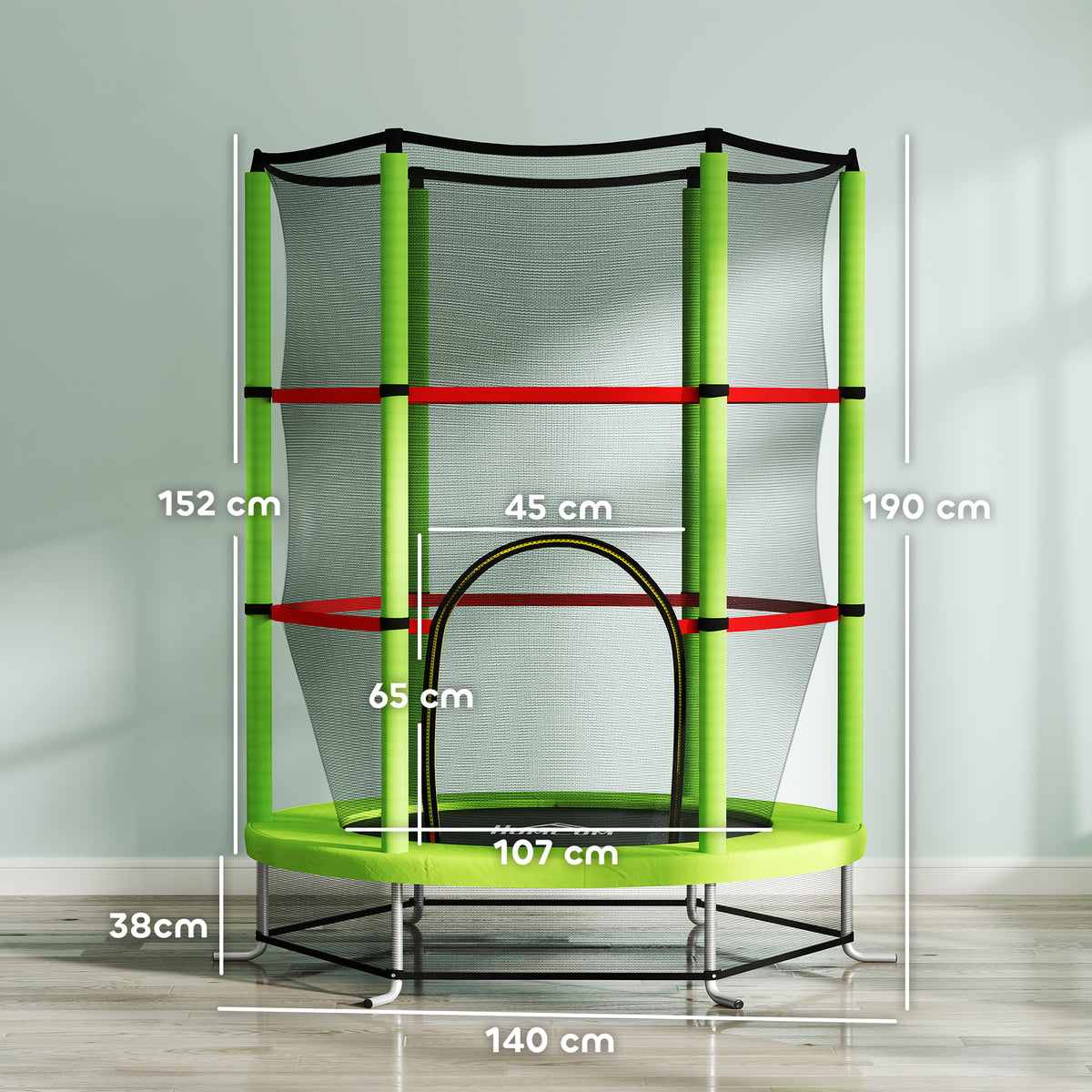 HOMCOM Kids Mini Trampoline with Safety Enclosure Net and Bungee Cords – Bouncer for Ages 3-6, Green