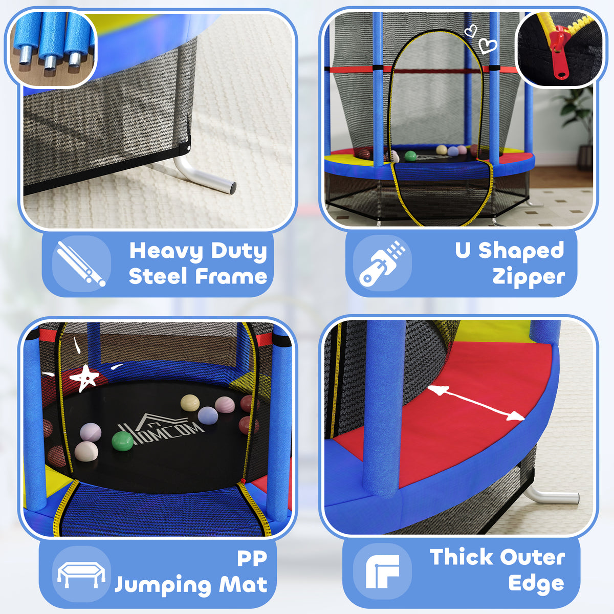 HOMCOM Kids Mini Trampoline with Safety Enclosure Net and Bungee Cords – Indoor Outdoor Bouncer for Ages 3-6
