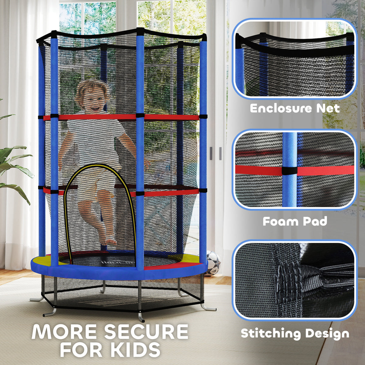 HOMCOM Kids Mini Trampoline with Safety Enclosure Net and Bungee Cords – Indoor Outdoor Bouncer for Ages 3-6